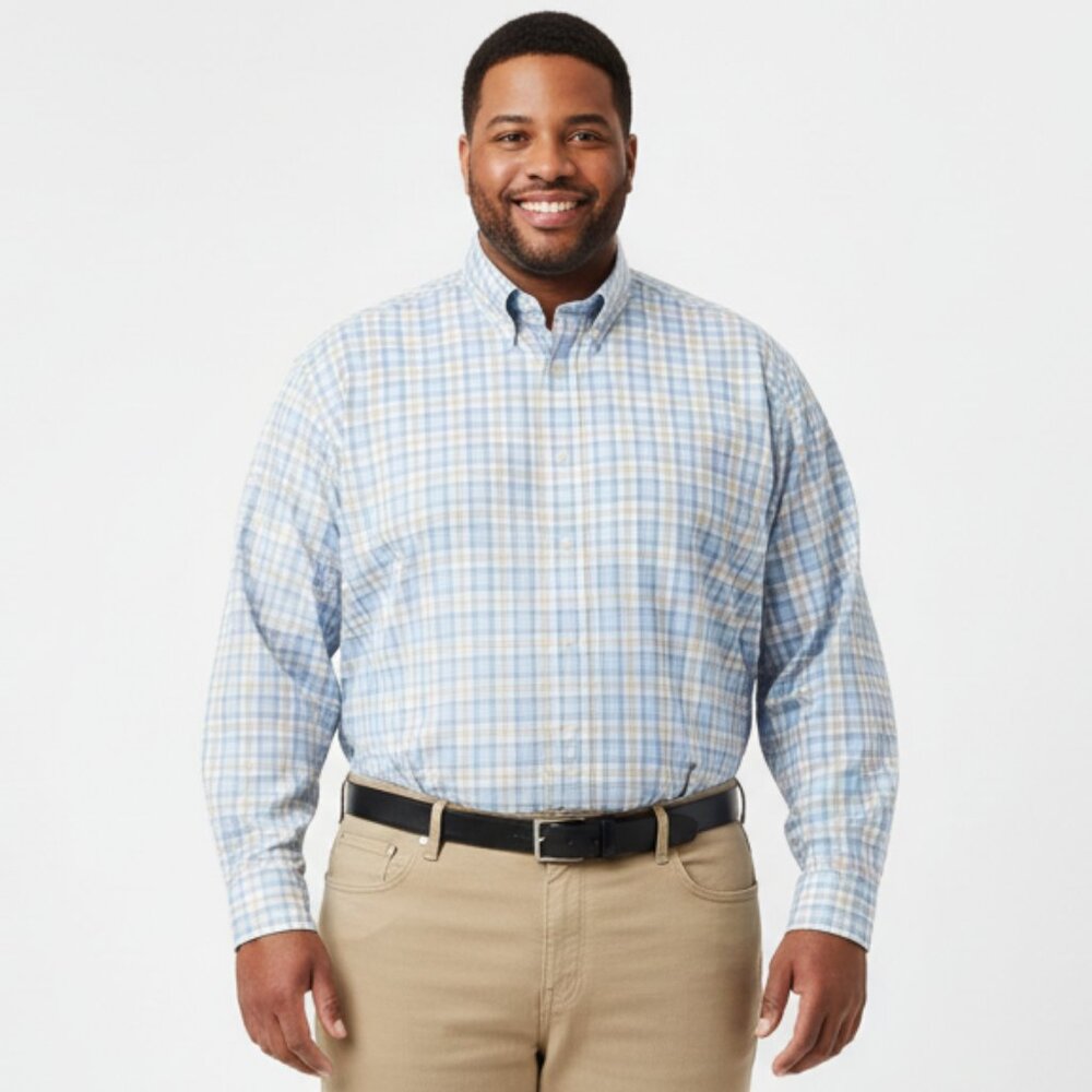 Jos.A.Bank Traveler White Blue & Tan Plaid Checks print Long Sleeve Shirt 2XLT